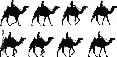 Silhouette of people riding camels in desert travel scene, traditional transportation, Middle Eastern journey, safari adventure wildlife tourism illustration