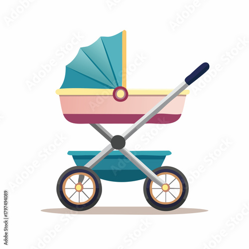 Baby Stroller with Canopy and Wheels, Isolated on White Background.