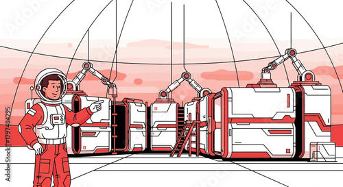 A digital illustration showcasing an astronaut exploring a futuristic mars base environment with