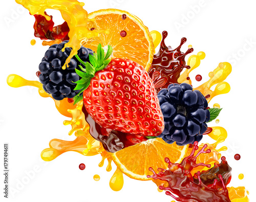 Fruit explosion with strawberry, orange, blackberries surrounded by splashes of yellow and red juice. beverage packaging, juice ads, healthy lifestyle concepts, organic food branding, drink promotions
