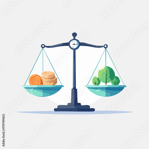 Balance Scale Weighing Money Against Green Plants.