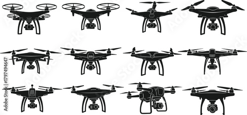 Set of detailed drone silhouettes with camera gimbals showing various quadcopter designs for aerial photography, videography, surveillance, and technology illustration