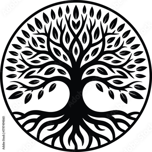 Black tree of life symbol with roots and leaves in circle