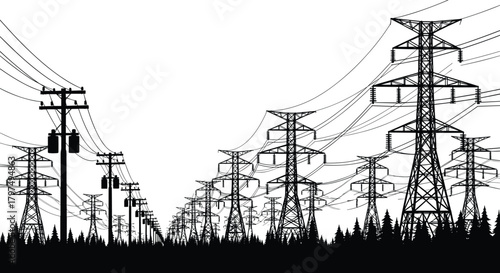 Silhouette of multiple high-voltage transmission towers and power lines crossing forest landscape, illustrating energy infrastructure, electricity distribution network