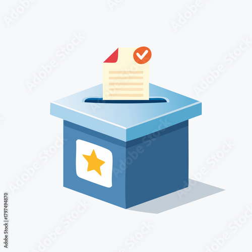 Ballot box with a voting paper and a checkmark, symbolizing elections and democratic process.