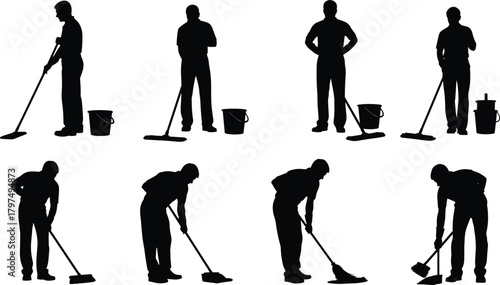 Silhouette workers cleaning floor with mops, brooms and buckets in various poses for janitorial service, housekeeping, hygiene, sanitation and maintenance design