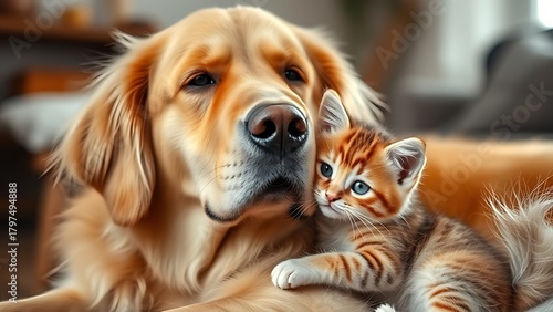 Wallpaper Mural decade. Golden retriever and kitten together in peaceful interaction. wildlife magazines, conservation campaigns, designed for eco-tourism storytelling. Torontodigital.ca