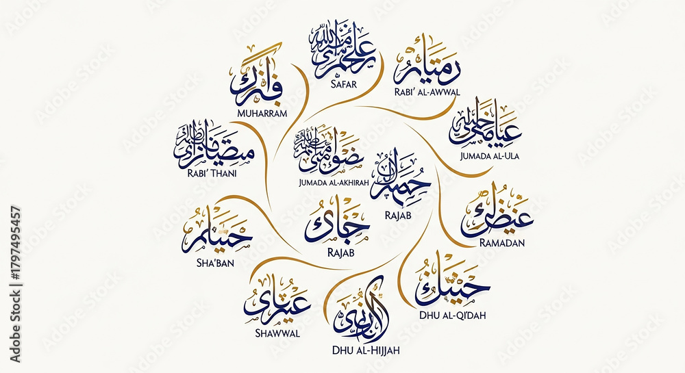 Obraz premium Islamic Hijri Calendar Months in Elegant Arabic Calligraphy Design