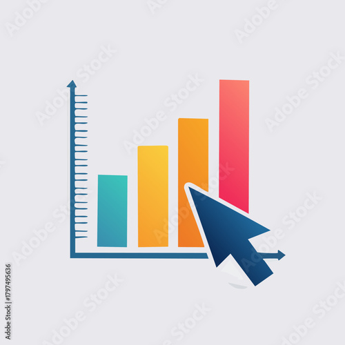 Bar chart with increasing bars and a mouse cursor pointing to the highest bar, symbolizing growth and selection.