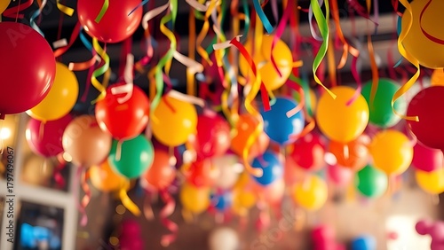 festiveness. Festive scene with colorful balloons, confetti and streamers creating vibrant celebration atmosphere. tutorial guides, club newsletters, designed for sports & leisure club marketing.
