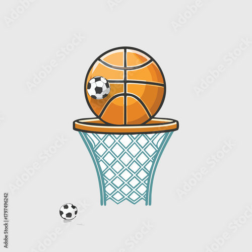 Basketball and Soccer Ball on a Basketball Hoop.