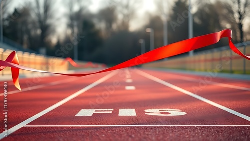 disengaged. Vibrant red and white finish line ribbon stretched taut across a marathon track. event key visuals, club posters, designed for fitness apps and gym onboarding, used by sports marketers.