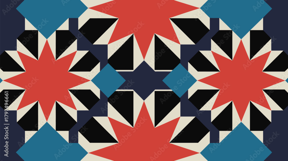 Fototapeta premium Vibrant geometric star pattern with a modern, bold aesthetic is perfect for backgrounds, textiles, and eye-catching designs to add artistic flair