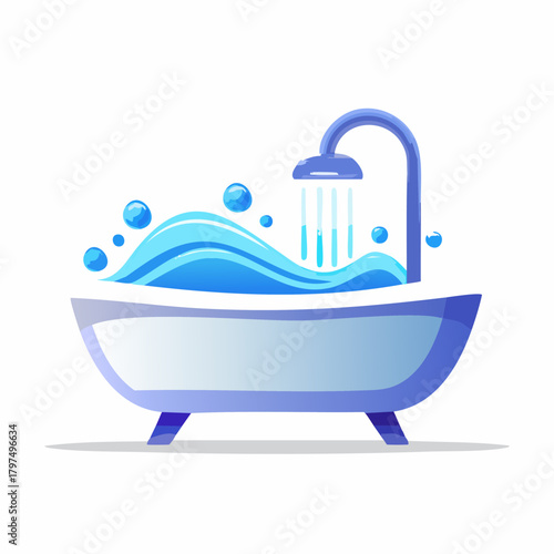 Bathtub with Running Water and Bubbles Illustration.