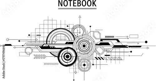 Abstract technical drawing with circles arrows and lines on a white background notebook illustration
