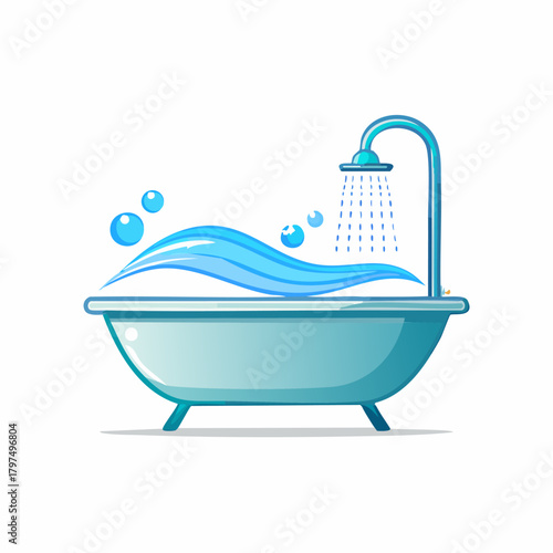 Bathtub with Shower and Water Splashes Vector Illustration.