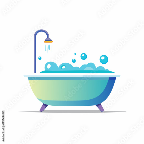 Bathtub with shower head and bubbles, relaxing and clean.