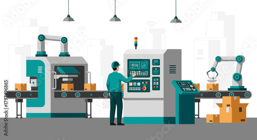 Automated manufacturing process with robotic arms and a factory worker operating machinery in an