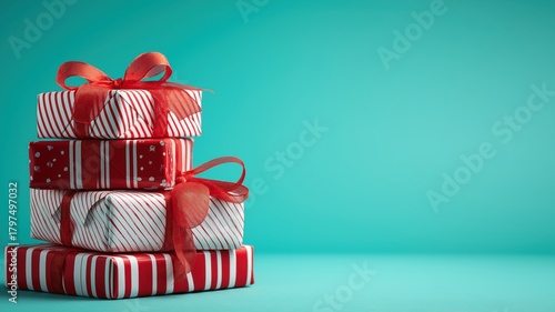 Stack of Christmas gifts wrapped in red and white striped paper with ribbons on turquoise blue background