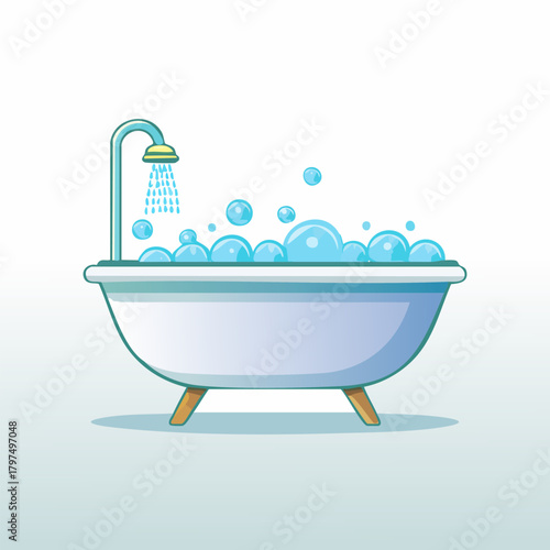 Bathtub with shower and bubbles for relaxation and hygiene.