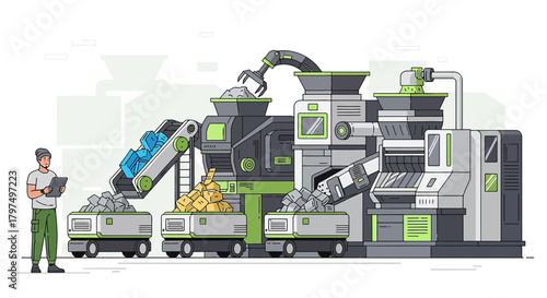 Automated recycling process using robotic arms and conveyor belts in modern facility
