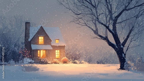 Snowy fairytale cottage with glowing windows and festive lights, surrounded by sparkling snow, holiday decorations, winter trees, and peaceful garden at dusk