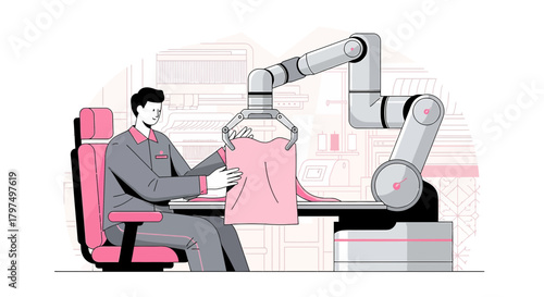 Automation in textile industry: Worker and robot arm handling fabric in a factory setting