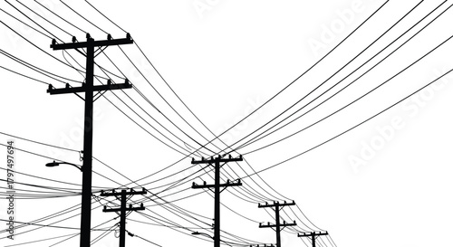 Silhouette of multiple utility poles with overlapping power lines creating an intricate urban electrical network pattern in minimalist black and white illustration