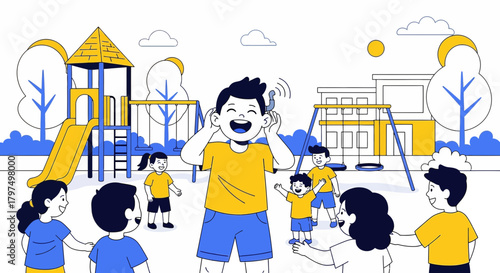 Cheerful kids enjoying outdoor activities at the park on a sunny day vector illustration