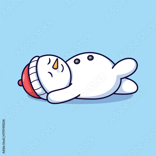 Cute Exhausted Cartoon Snowman Vector Illustration Lying on Its Side, Feeling Sleepy or Taking a Nap. Winter Holiday Break, Rest, and Post-Celebration Tiredness Concept.