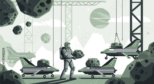 Conceptual vector illustration depicting asteroid mining operation in extraterrestrial setting