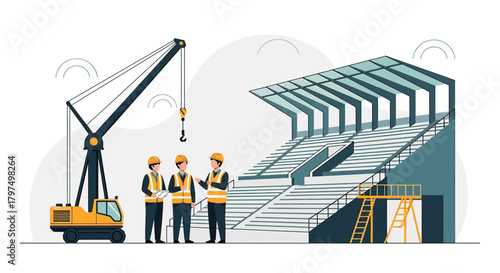 Construction site scene showcasing engineers, crane and ongoing stadium project design