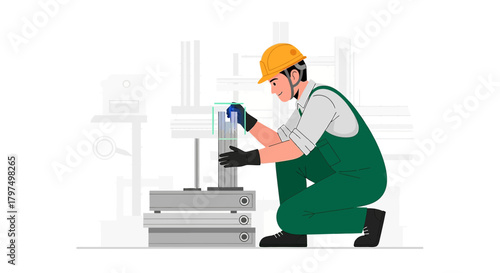 Construction worker performing quality control inspection in industrial facility or factory setting