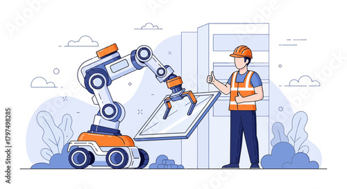 Construction worker supervising robotic arm lifting panel on building site illustration