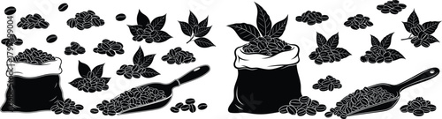 Assorted black silhouettes of roasted coffee beans, plant leaves, burlap bags, and serving scoops