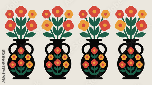 Groovy retro floral pattern with vases, perfect for vibrant wallpaper, fabric prints, and delightful surface designs with a 70s vintage vibe