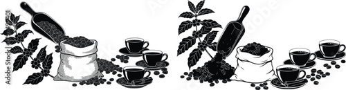 Assortment of roasted coffee beans, plant branches, cups, and a scoop displayed as a rich beverage collection
