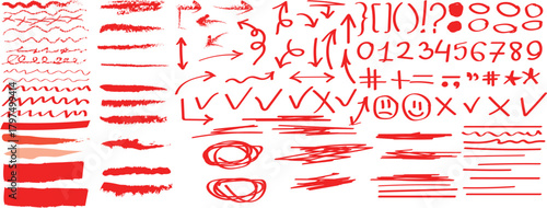 Numbers, underline, round, arrows, punctuation marks and sketch, Collection of red abstract brush strokes and symbols on black background. A vibrant assortment of red abstract brush strokes, arrows