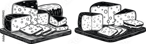 Assortment of various cheeses sliced and whole, resting on a rustic wooden cutting board