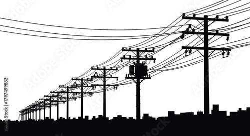 Silhouette electric utility poles with transformers and overhead power lines along city skyline, high voltage energy distribution infrastructure illustration for urban concept