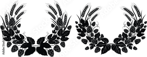 Circular wreaths composed of lush hop vines and bundles of wheat stalks for brewery branding