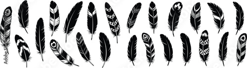 Collection of stylized black feather silhouettes with unique patterns, perfect for bohemian or tribal design elements