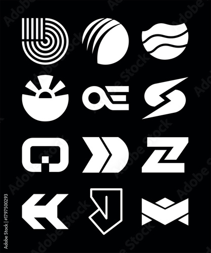 Vector Logofolio. Set of 12 Abstract Geometric Monochromatic Logos for Branding and Corporate Identity.