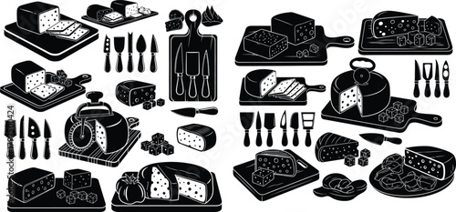 Comprehensive collection of cheese products and specialized knives presented as black silhouettes on various cutting boards