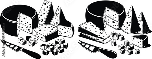 Delicious assortment of cheese wheels, wedges, and cubes with specialty knives in a rustic composition