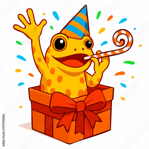 Cheerful Yellow Spotted Frog Celebrating from Gift Box Vector Illustration