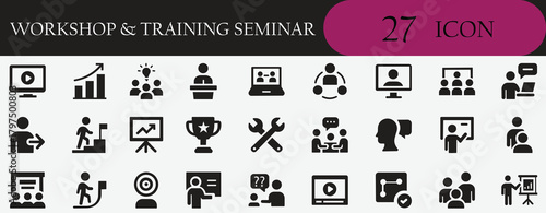 Workshop, training, seminar, teamwork, leadership, coaching icons for business presentation, meeting, learning, webinar, strategy, growth and development