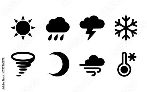 Weather forecast symbols icons graphic design elements for meteorology and climate prediction resources silhouette