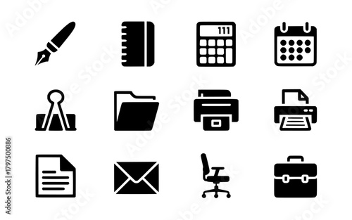 Vector office supplies icons for business management and organization black and white graphic elements design silhouette
