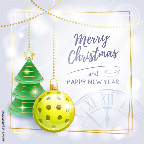 Merry Christmas. Happy New Year. Sports greeting card. Pickleball. Vector illustration.